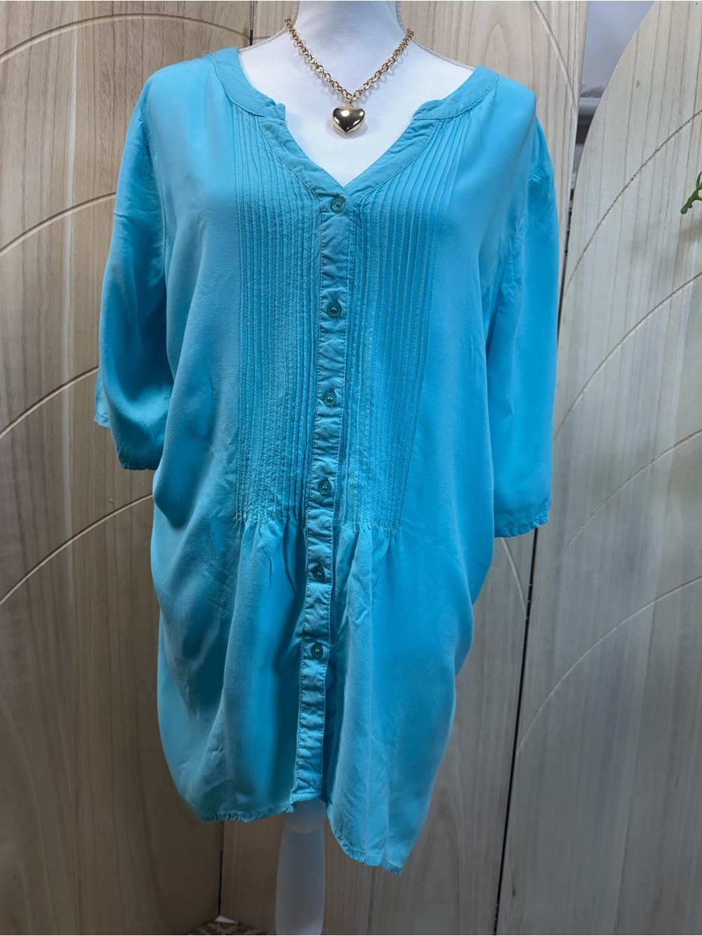 Modern Turquoise Blue Pintuck Button Front Rayon Tunic Top Avenue 22/24 Plus - Picture 1 of 8